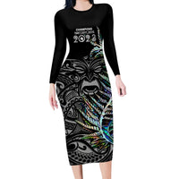 New Zealand Rugby Long Sleeve Bodycon Dress NZ Black Fern Champions History With Papua Shell LT9 Long Dress Black - Polynesian Pride