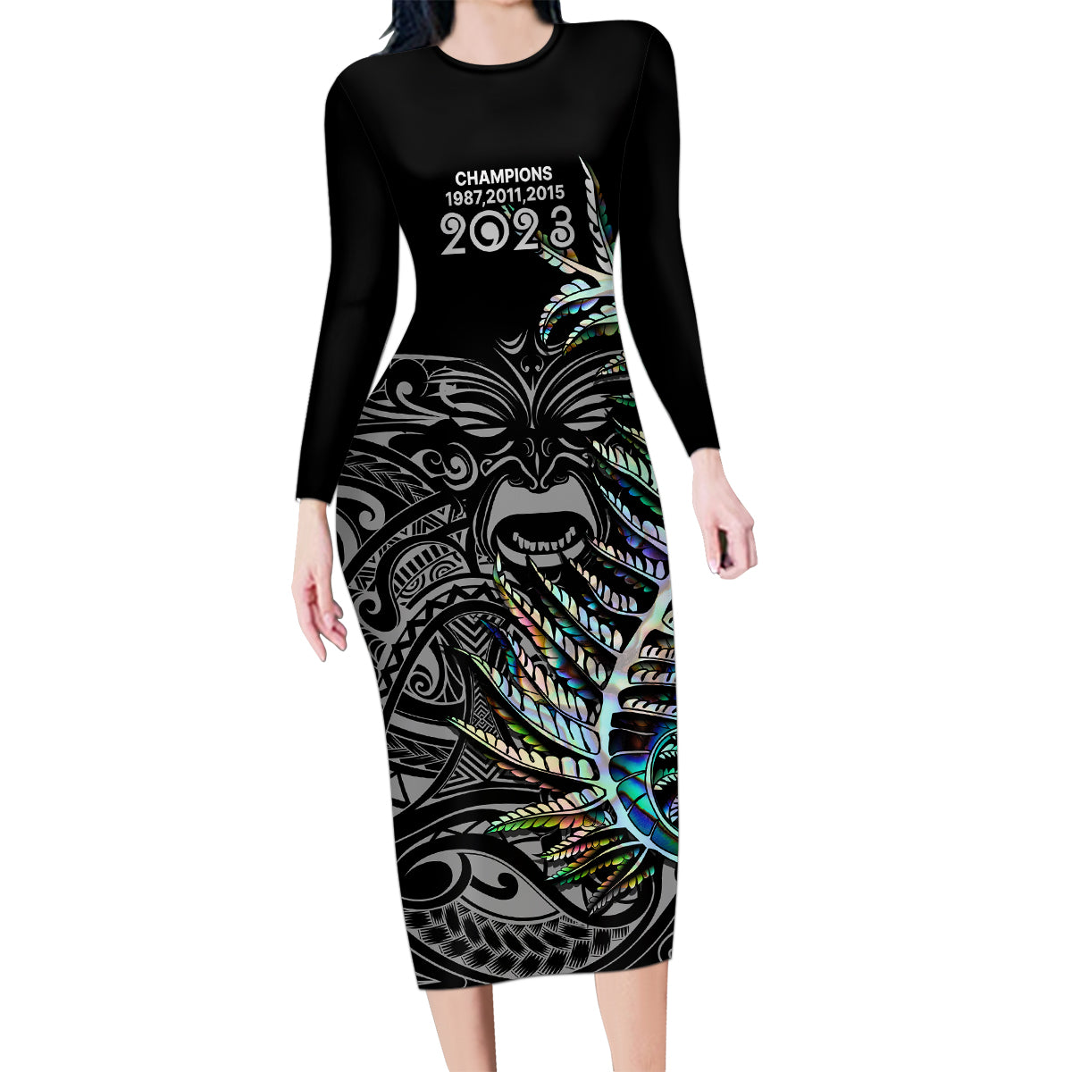 Custom New Zealand Rugby Family Matching Long Sleeve Bodycon Dress and Hawaiian Shirt NZ Black Fern Champions History With Papua Shell LT9 Mom's Dress Black - Polynesian Pride