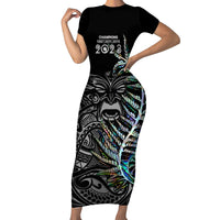 Custom New Zealand Rugby Family Matching Short Sleeve Bodycon Dress and Hawaiian Shirt NZ Black Fern Champions History With Papua Shell LT9 Mom's Dress Black - Polynesian Pride