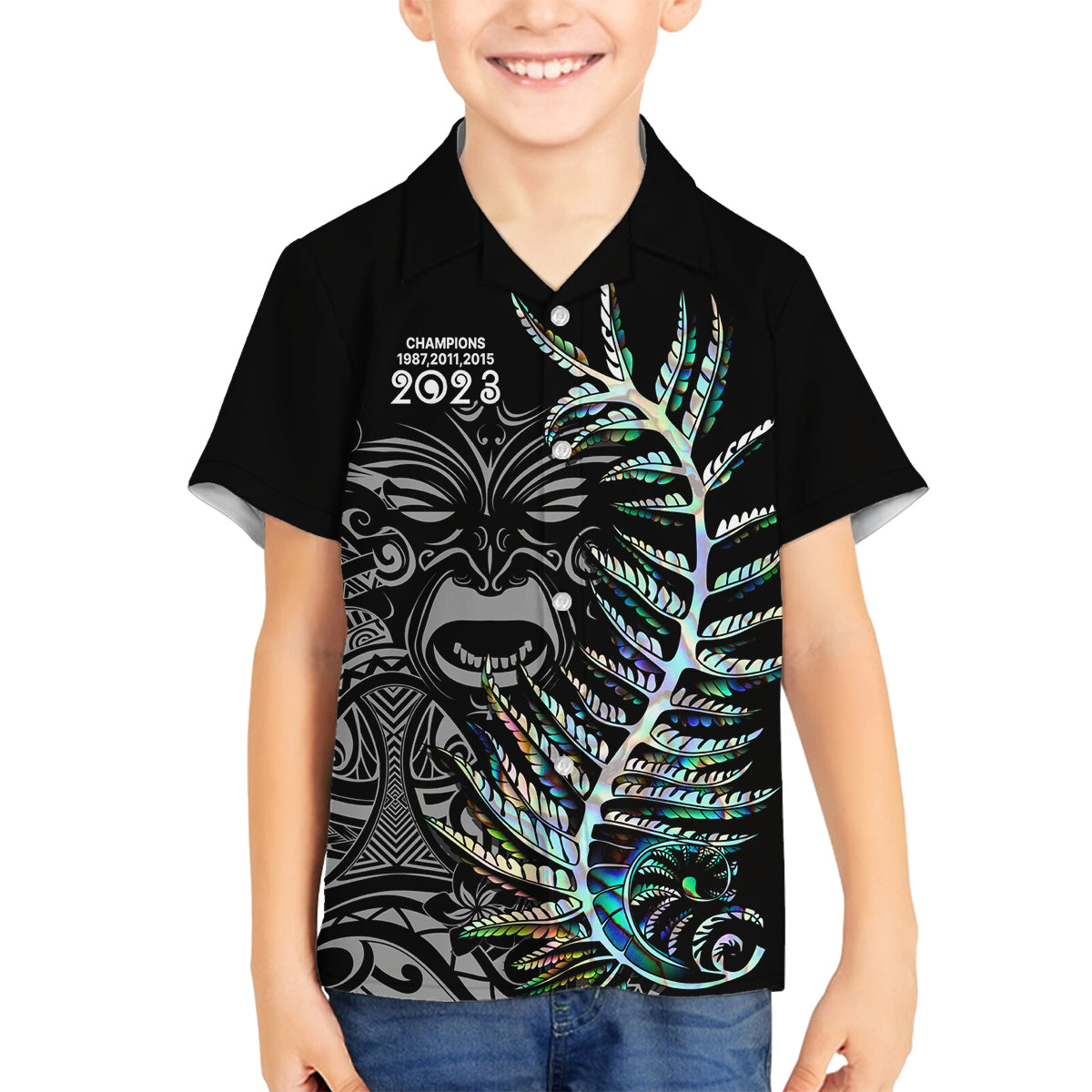 Custom New Zealand Rugby Family Matching Tank Maxi Dress and Hawaiian Shirt NZ Black Fern Champions History With Papua Shell LT9 Son's Shirt Black - Polynesian Pride