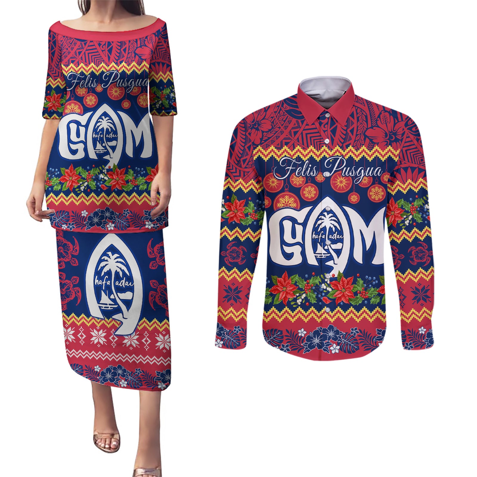 Personalised Guam Christmas Couples Matching Puletasi Dress and Long Sleeve Button Shirt Felis Pusgua Santa Beach Polynesian Pattern LT9 Blue - Polynesian Pride