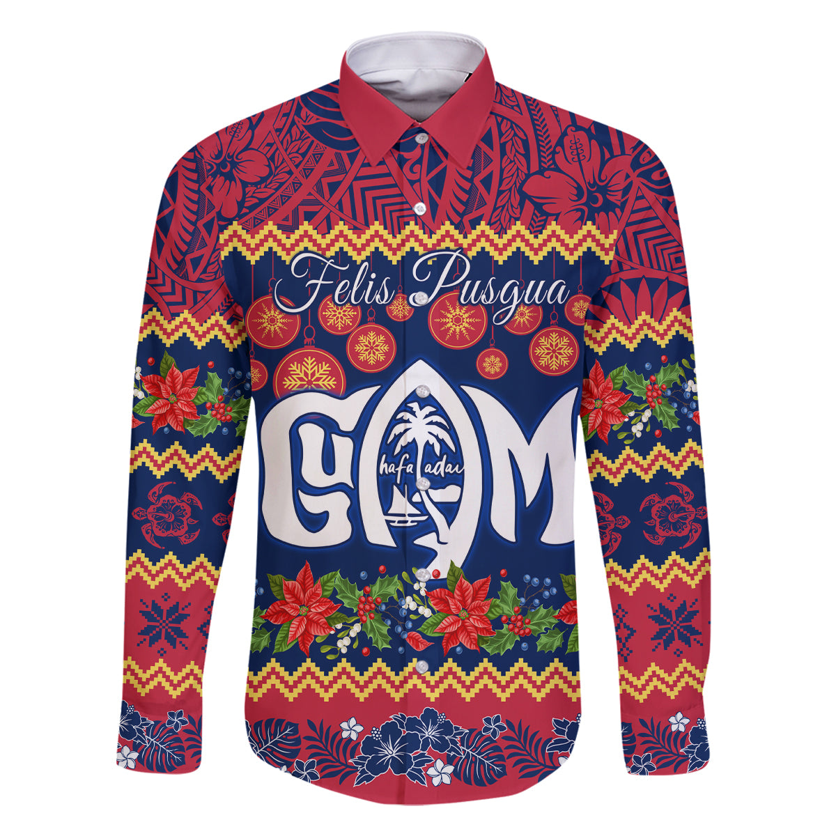 Personalised Guam Christmas Family Matching Long Sleeve Bodycon Dress and Hawaiian Shirt Felis Pusgua Santa Beach Polynesian Pattern LT9 Dad's Shirt - Long Sleeve Blue - Polynesian Pride