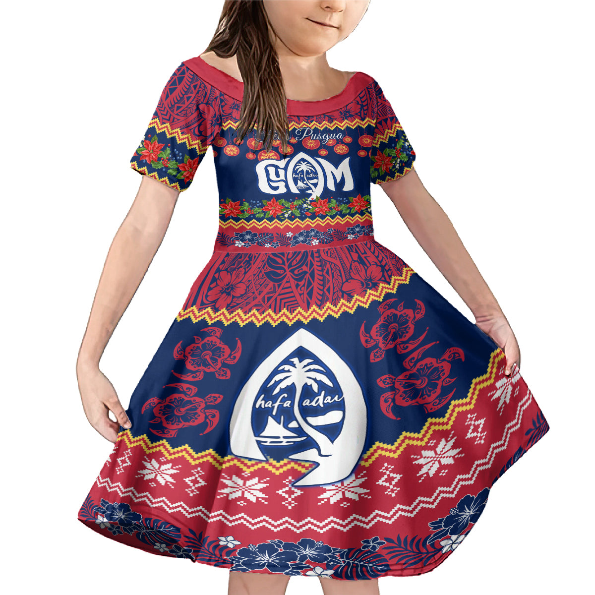 Personalised Guam Christmas Family Matching Mermaid Dress and Hawaiian Shirt Felis Pusgua Santa Beach Polynesian Pattern LT9 Daughter's Dress Blue - Polynesian Pride