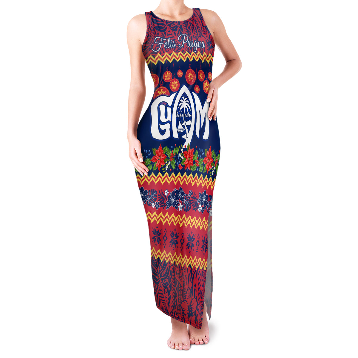 Personalised Guam Christmas Family Matching Tank Maxi Dress and Hawaiian Shirt Felis Pusgua Santa Beach Polynesian Pattern LT9 Mom's Dress Blue - Polynesian Pride