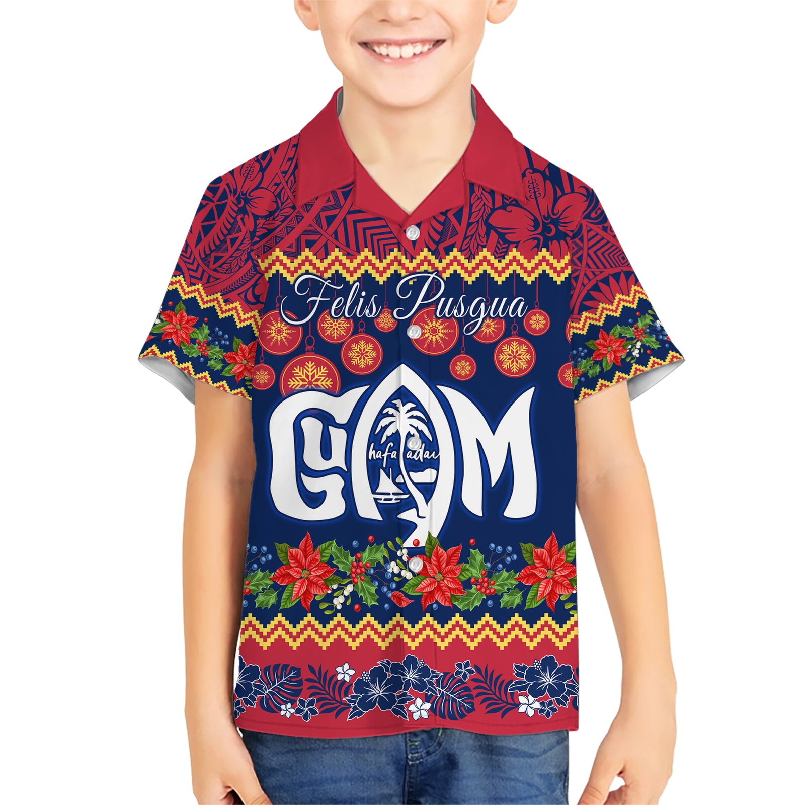 Personalised Guam Christmas Kid Hawaiian Shirt Felis Pusgua Santa Beach Polynesian Pattern LT9 Kid Blue - Polynesian Pride