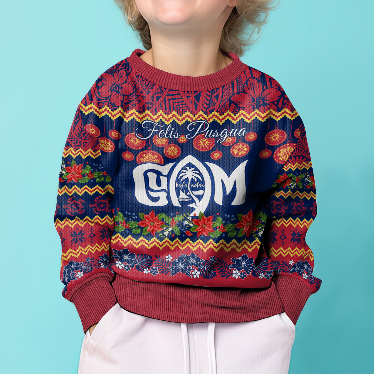 Personalised Guam Christmas Kid Ugly Christmas Sweater Felis Pusgua Santa Beach Polynesian Pattern LT9 - Polynesian Pride