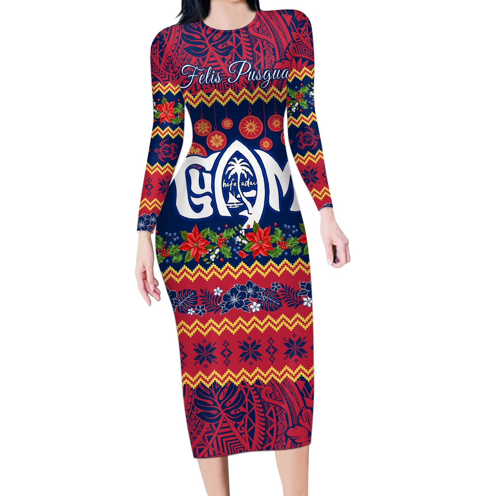 Personalised Guam Christmas Long Sleeve Bodycon Dress Felis Pusgua Santa Beach Polynesian Pattern LT9 Long Dress Blue - Polynesian Pride