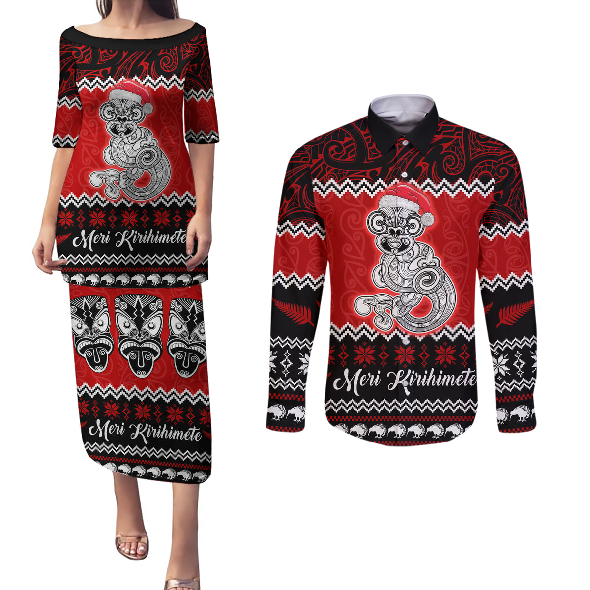 Personalised New Zealand Christmas Couples Matching Puletasi Dress and Long Sleeve Button Shirt Maori Tiki Meri Kirihimete LT9 Red - Polynesian Pride