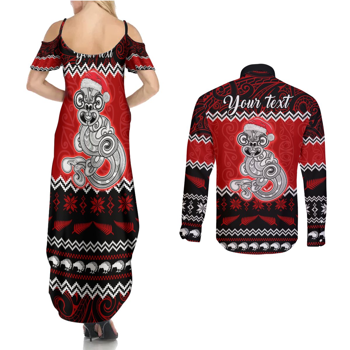Personalised New Zealand Christmas Couples Matching Summer Maxi Dress and Long Sleeve Button Shirt Maori Tiki Meri Kirihimete LT9 - Polynesian Pride