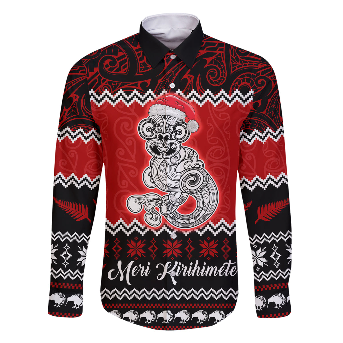 Personalised New Zealand Christmas Family Matching Mermaid Dress and Hawaiian Shirt Maori Tiki Meri Kirihimete LT9 Dad's Shirt - Long Sleeve Red - Polynesian Pride
