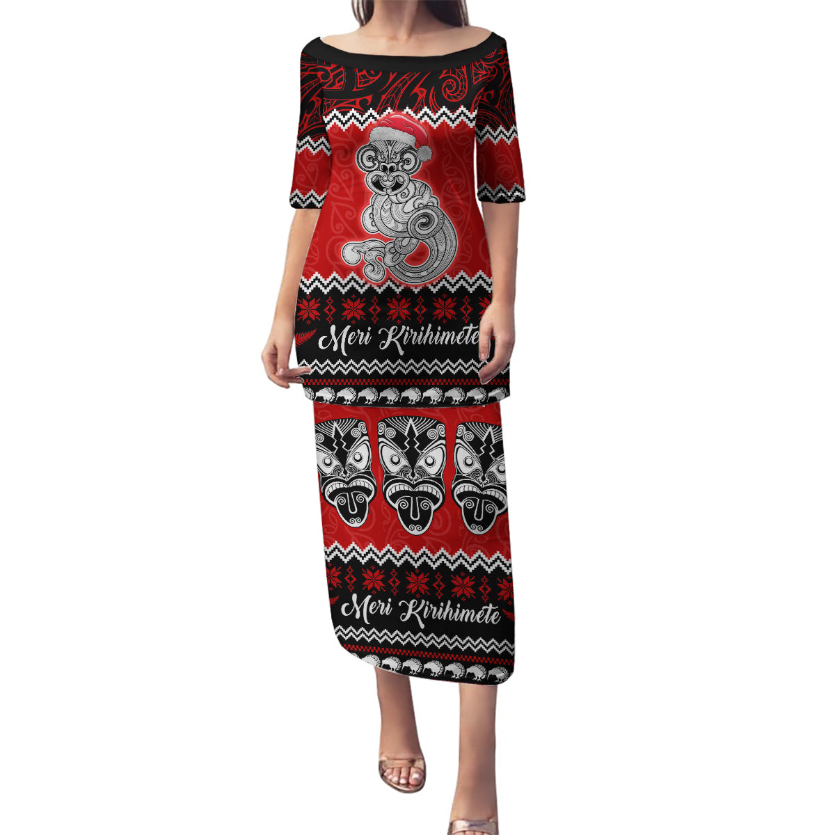 Personalised New Zealand Christmas Family Matching Puletasi Dress and Hawaiian Shirt Maori Tiki Meri Kirihimete LT9 Mom's Dress Red - Polynesian Pride