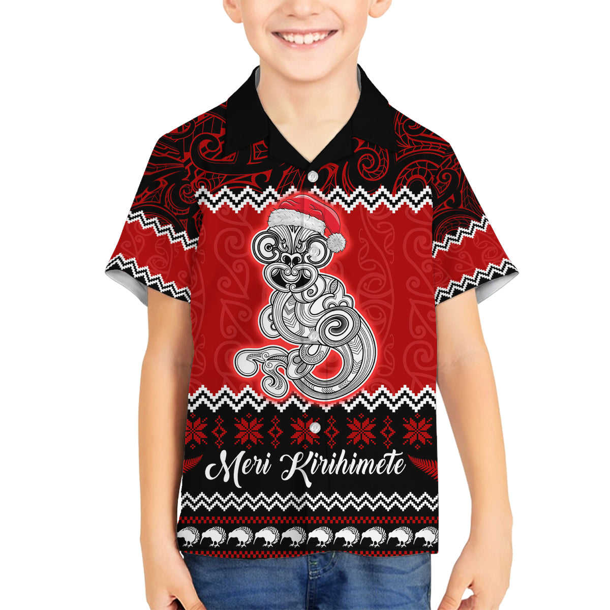 Personalised New Zealand Christmas Family Matching Summer Maxi Dress and Hawaiian Shirt Maori Tiki Meri Kirihimete LT9 Son's Shirt Red - Polynesian Pride