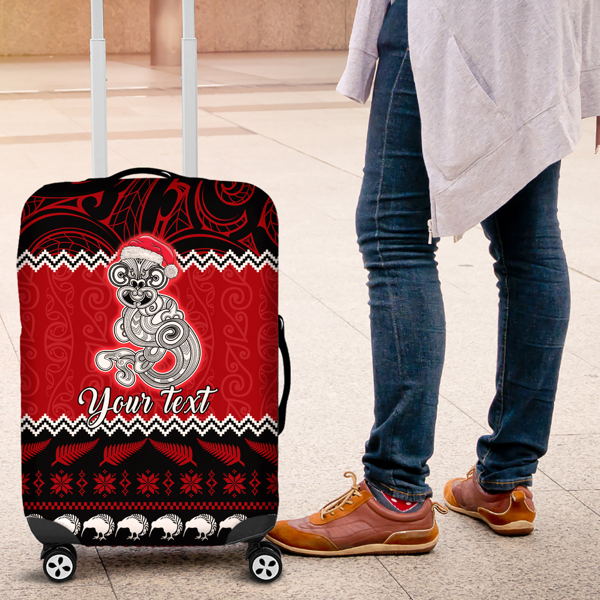 Personalised New Zealand Christmas Luggage Cover Maori Tiki Meri Kirihimete LT9 Red - Polynesian Pride