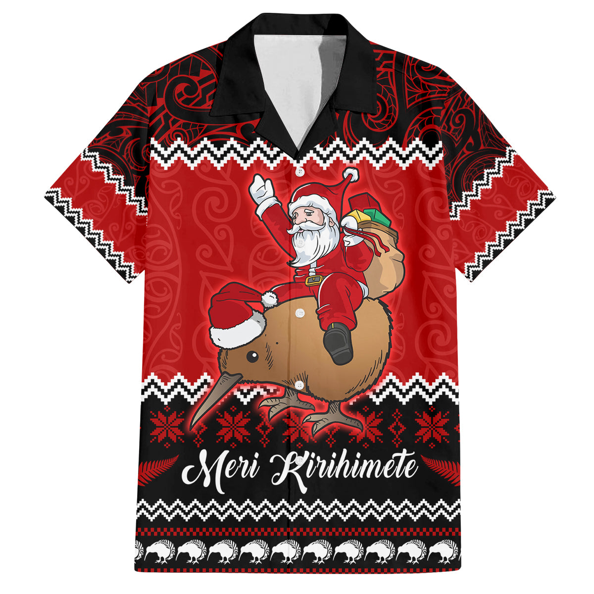 Personalised New Zealand Christmas Family Matching Off Shoulder Long Sleeve Dress and Hawaiian Shirt Kiwi Santa Claus Maori Meri Kirihimete LT9 Dad's Shirt - Short Sleeve Red - Polynesian Pride