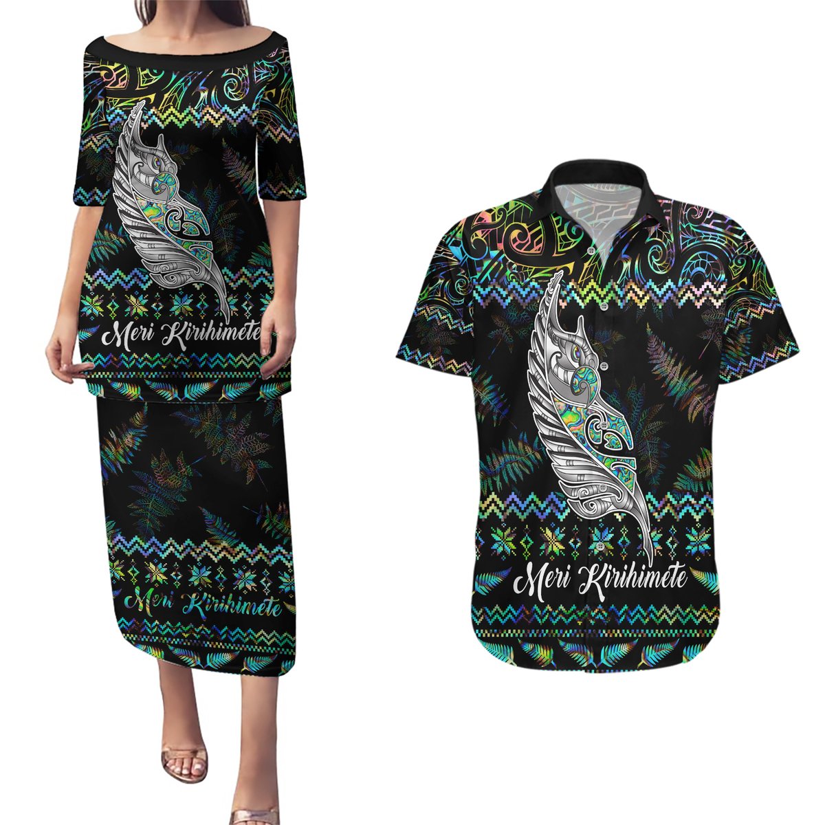 Personalised New Zealand Christmas Couples Matching Puletasi Dress and Hawaiian Shirt Maori Fern Manaia Meri Kirihimete with Papaua Shell LT9 Black - Polynesian Pride