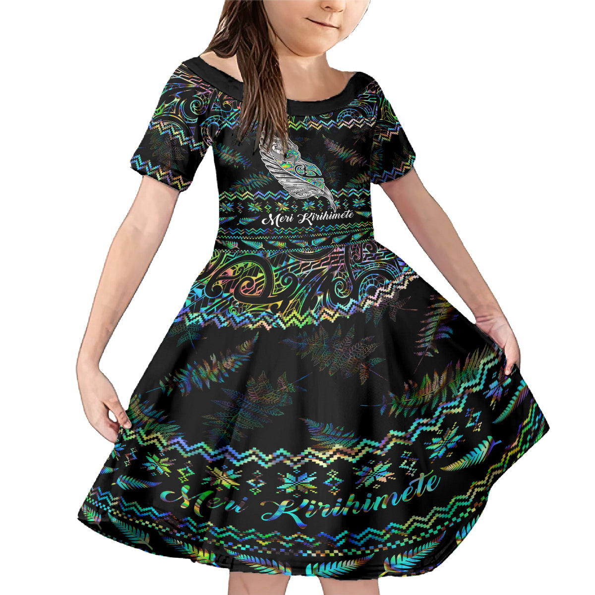 Personalised New Zealand Christmas Family Matching Mermaid Dress and Hawaiian Shirt Maori Fern Manaia Meri Kirihimete with Papaua Shell LT9 Daughter's Dress Black - Polynesian Pride
