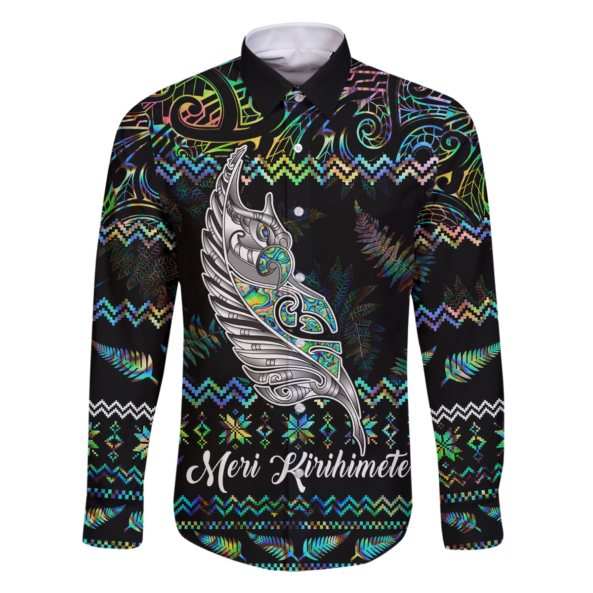 Personalised New Zealand Christmas Family Matching Off Shoulder Short Dress and Hawaiian Shirt Maori Fern Manaia Meri Kirihimete with Papaua Shell LT9 Dad's Shirt - Long Sleeve Black - Polynesian Pride