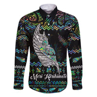 Personalised New Zealand Christmas Family Matching Off Shoulder Short Dress and Hawaiian Shirt Maori Fern Manaia Meri Kirihimete with Papaua Shell LT9 Dad's Shirt - Long Sleeve Black - Polynesian Pride
