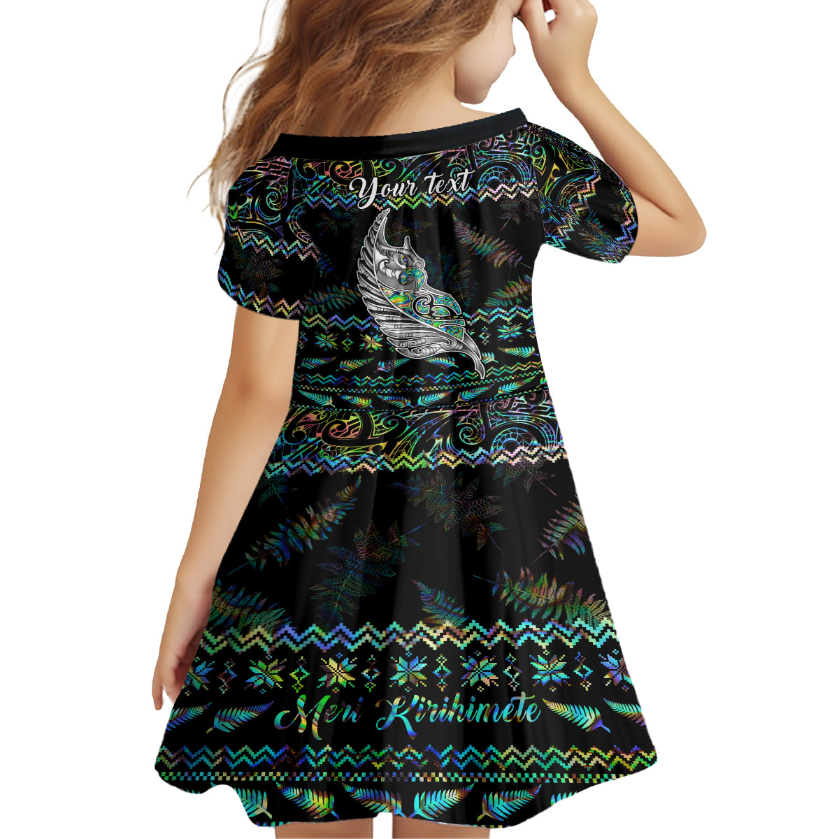 Personalised New Zealand Christmas Kid Short Sleeve Dress Maori Fern Manaia Meri Kirihimete with Papaua Shell LT9 - Polynesian Pride