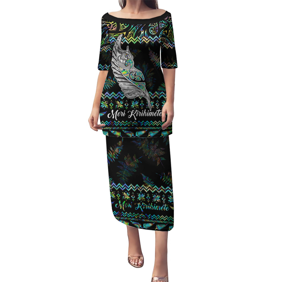 Personalised New Zealand Christmas Puletasi Maori Fern Manaia Meri Kirihimete with Papaua Shell LT9 Long Dress Black - Polynesian Pride