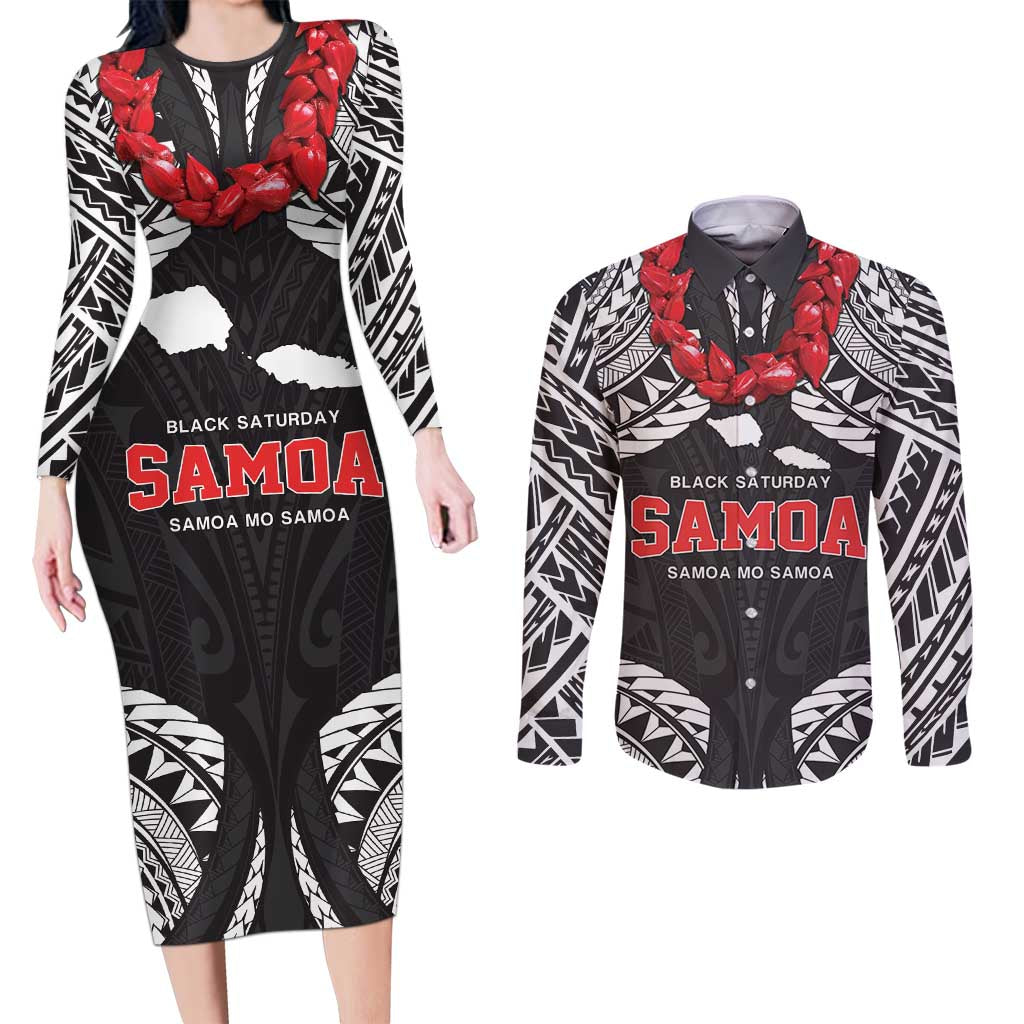 Samoa Black Saturday Couples Matching Long Sleeve Bodycon Dress and Long Sleeve Button Shirt Samoa mo Samoa with Black Ula Fala