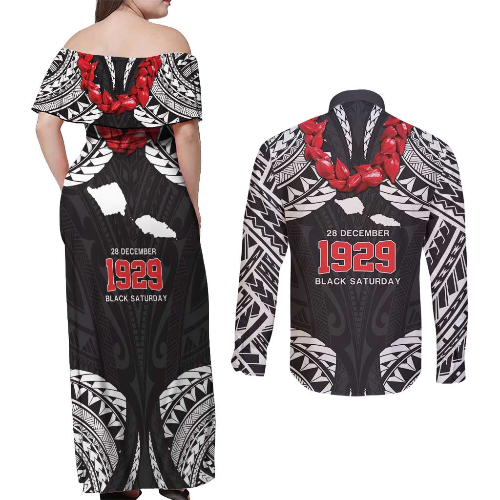Samoa Black Saturday Couples Matching Off Shoulder Maxi Dress and Long Sleeve Button Shirt Samoa mo Samoa with Black Ula Fala