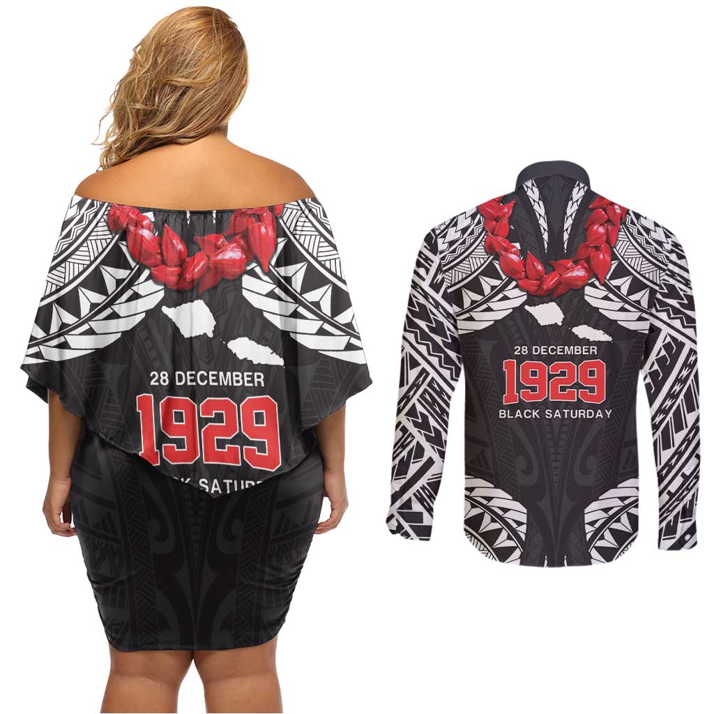 Samoa Black Saturday Couples Matching Off Shoulder Short Dress and Long Sleeve Button Shirt Samoa mo Samoa with Black Ula Fala