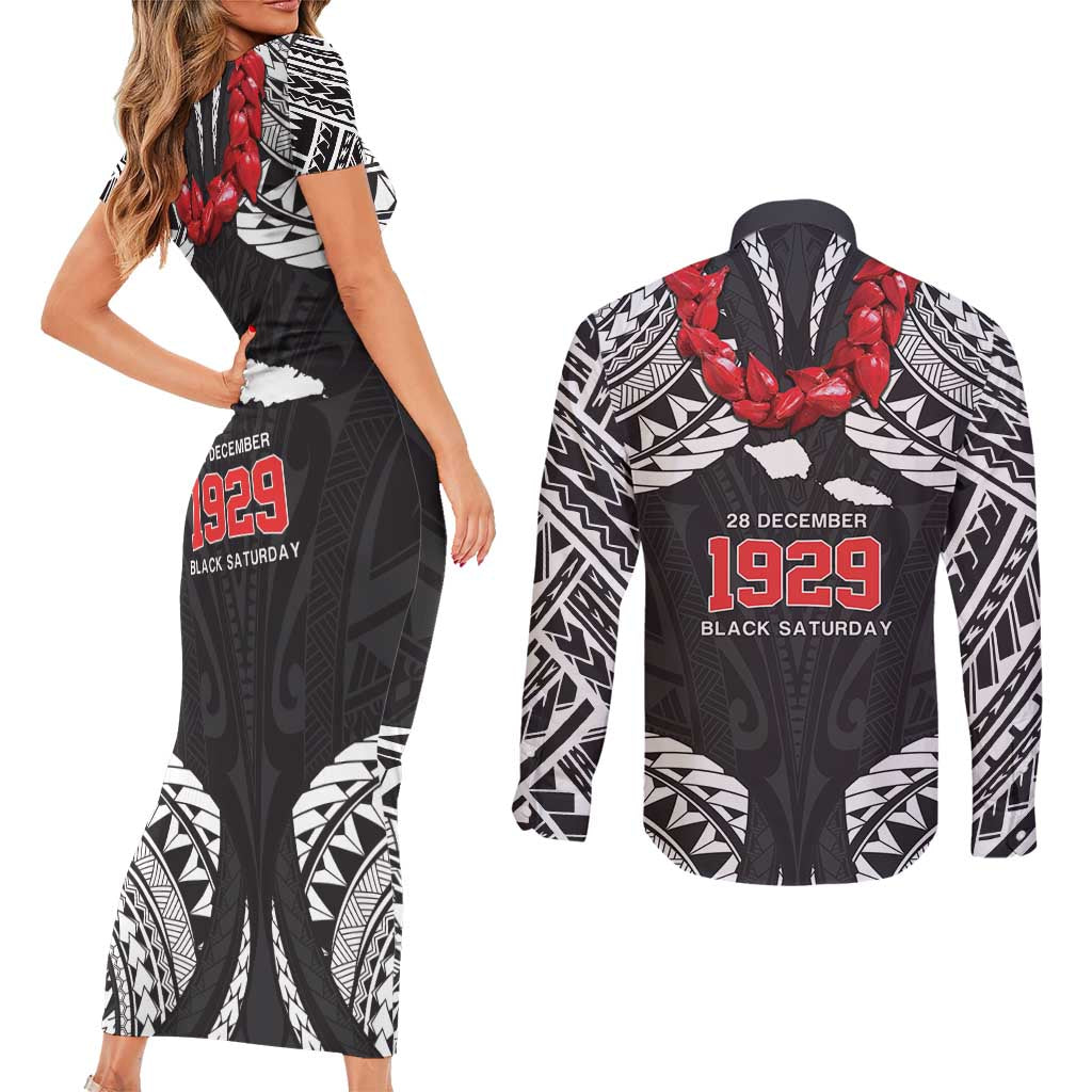 Samoa Black Saturday Couples Matching Short Sleeve Bodycon Dress and Long Sleeve Button Shirt Samoa mo Samoa with Black Ula Fala