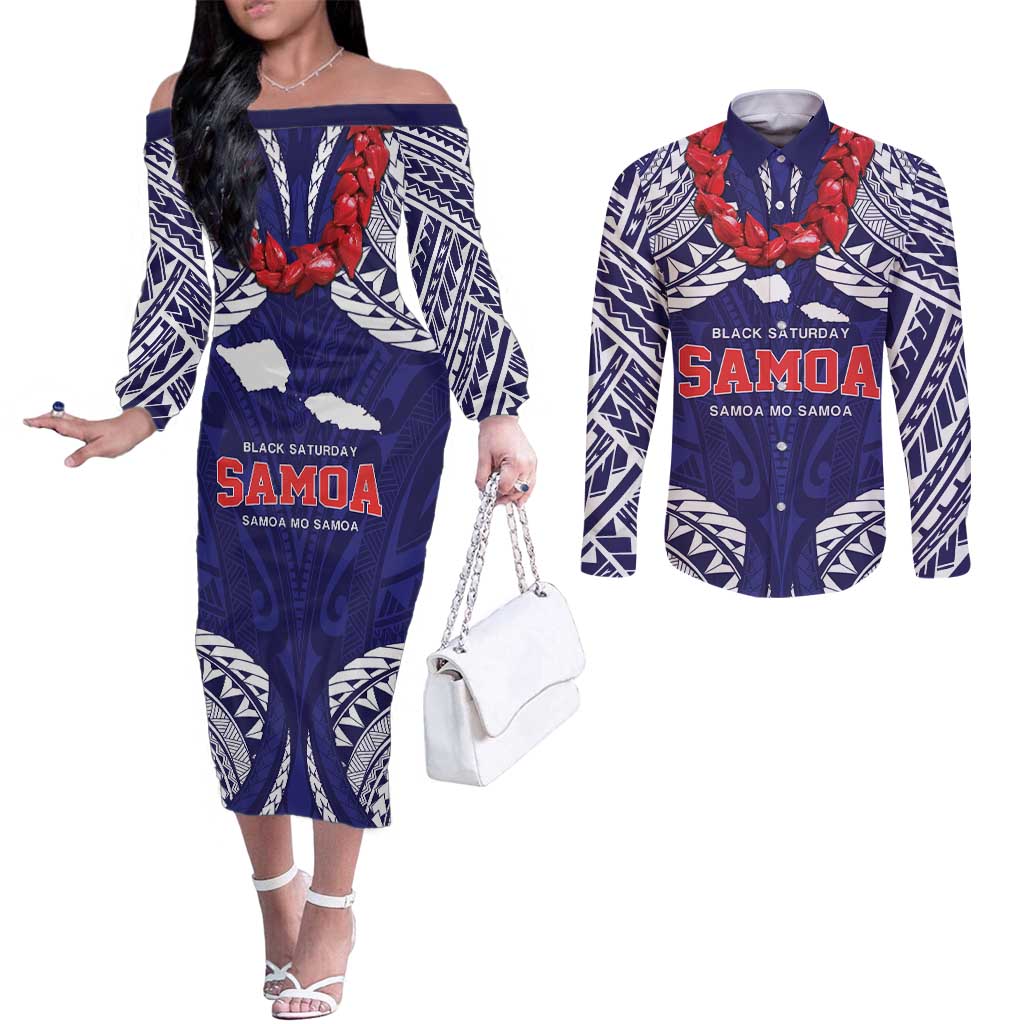 Samoa Black Saturday Couples Matching Off The Shoulder Long Sleeve Dress and Long Sleeve Button Shirt Samoa mo Samoa with Blue Ula Fala