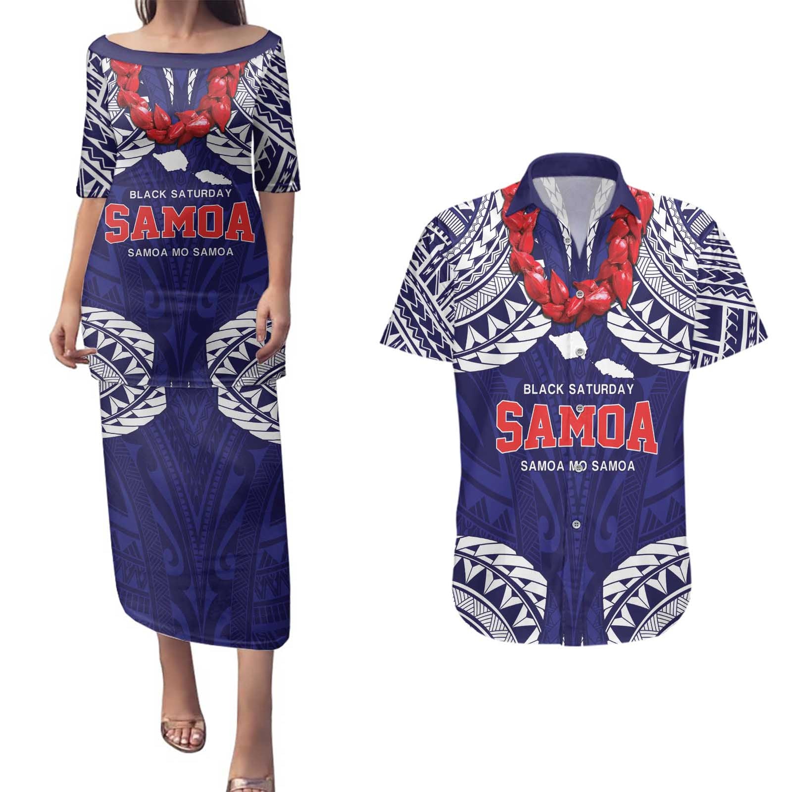 Samoa Black Saturday Couples Matching Puletasi and Hawaiian Shirt Samoa mo Samoa with Blue Ula Fala