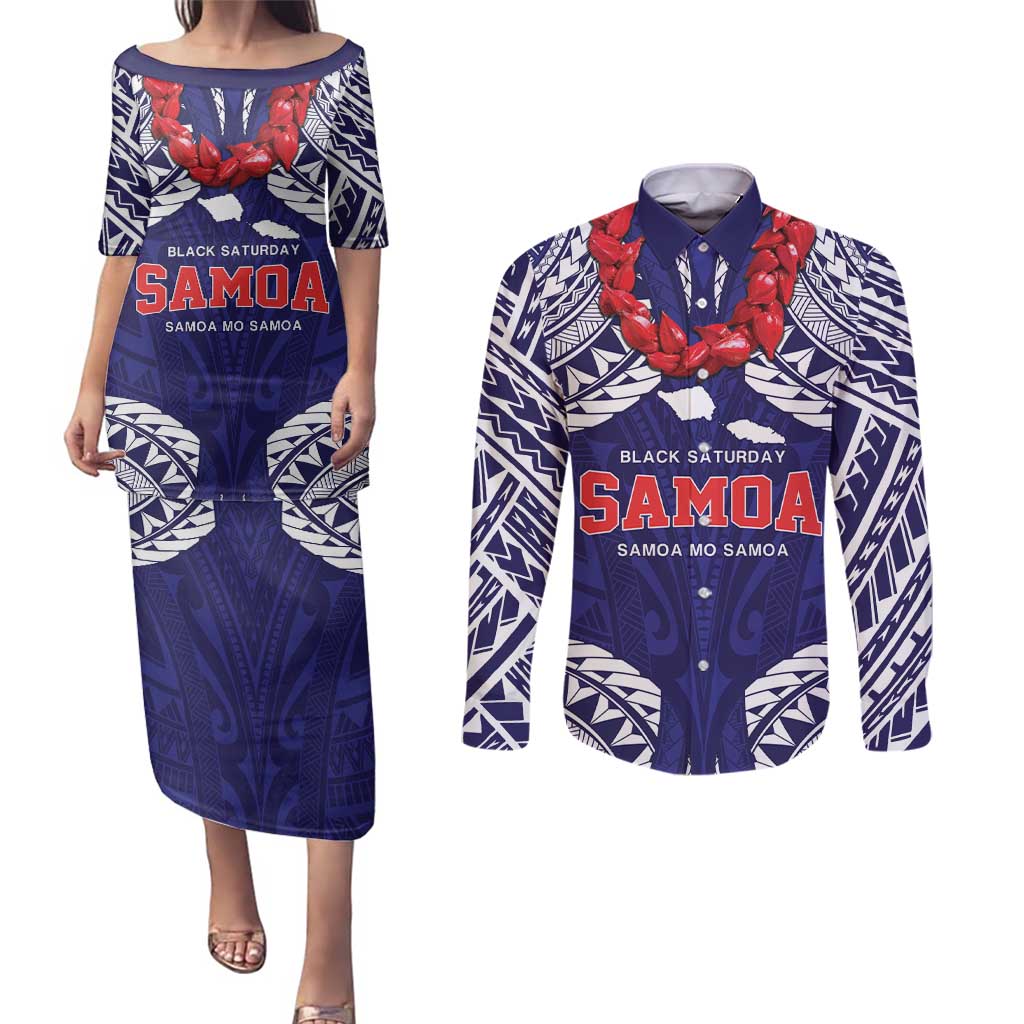 Samoa Black Saturday Couples Matching Puletasi and Long Sleeve Button Shirt Samoa mo Samoa with Blue Ula Fala
