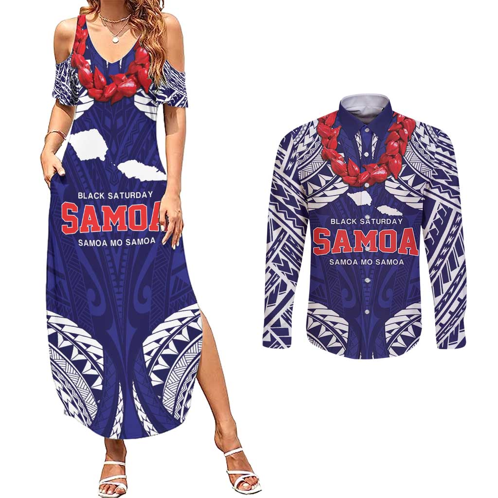 Samoa Black Saturday Couples Matching Summer Maxi Dress and Long Sleeve Button Shirt Samoa mo Samoa with Blue Ula Fala