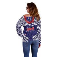Samoa Black Saturday Off Shoulder Sweater Samoa mo Samoa with Blue Ula Fala