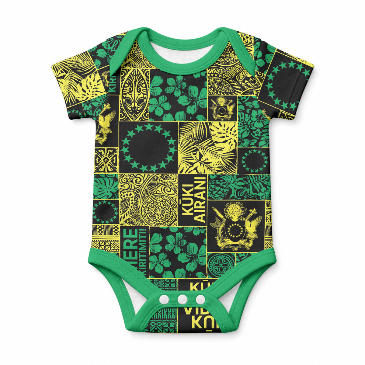 Cook Islands Mere Kiritimiti Baby Onesie Pacific Patchwork Xmas Vibes LT9 Green - Polynesian Pride