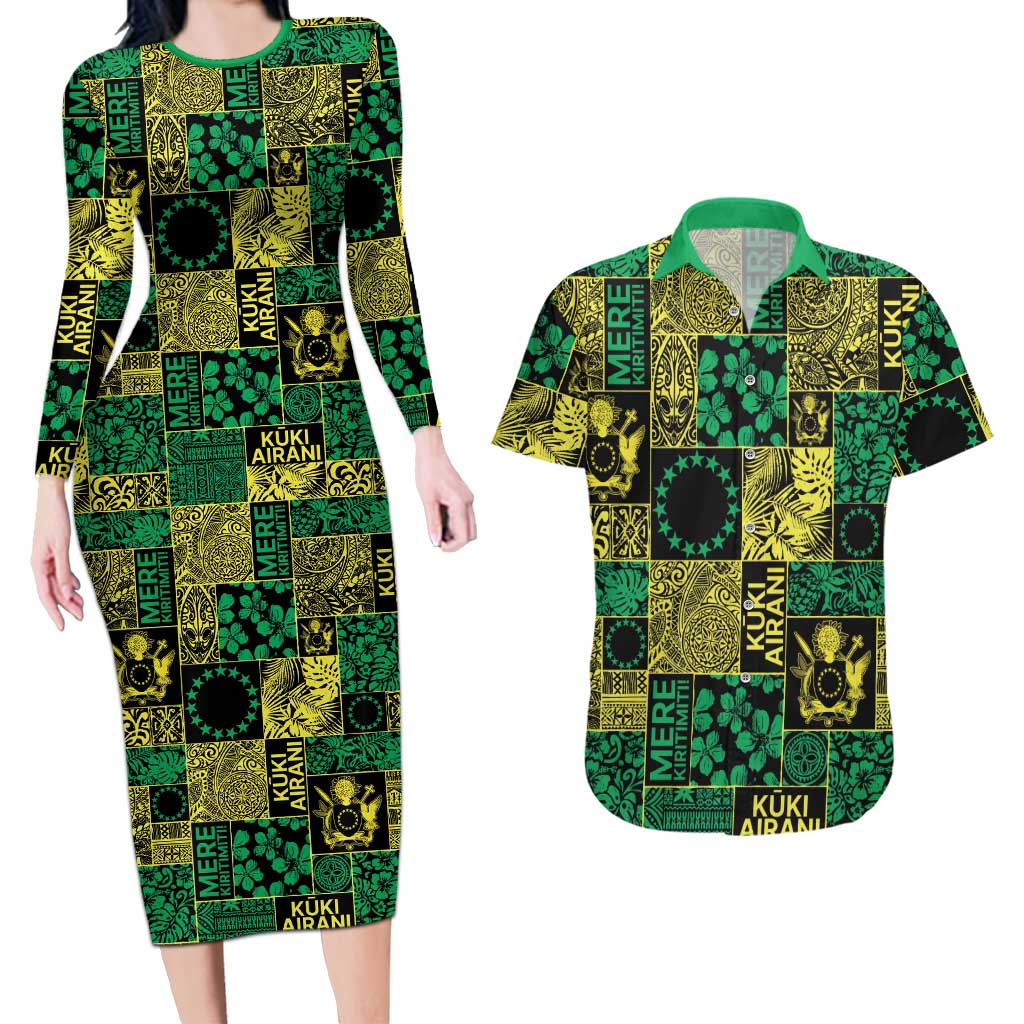 Cook Islands Mere Kiritimiti Couples Matching Long Sleeve Bodycon Dress and Hawaiian Shirt Pacific Patchwork Xmas Vibes - Polynesian Pride