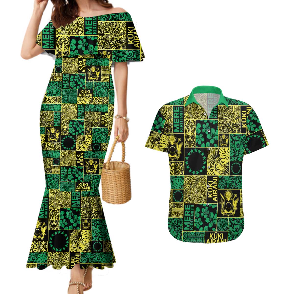 Cook Islands Mere Kiritimiti Couples Matching Mermaid Dress and Hawaiian Shirt Pacific Patchwork Xmas Vibes - Polynesian Pride