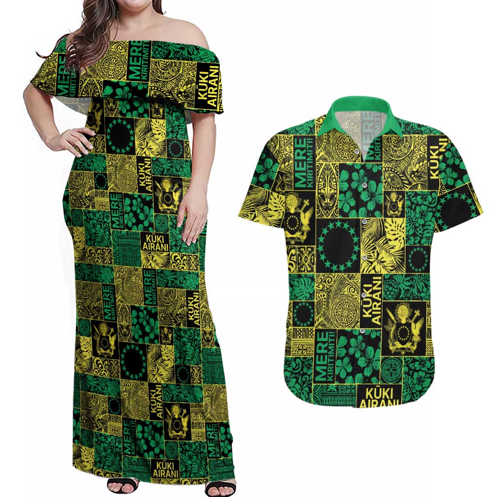 Cook Islands Mere Kiritimiti Couples Matching Off Shoulder Maxi Dress and Hawaiian Shirt Pacific Patchwork Xmas Vibes - Polynesian Pride