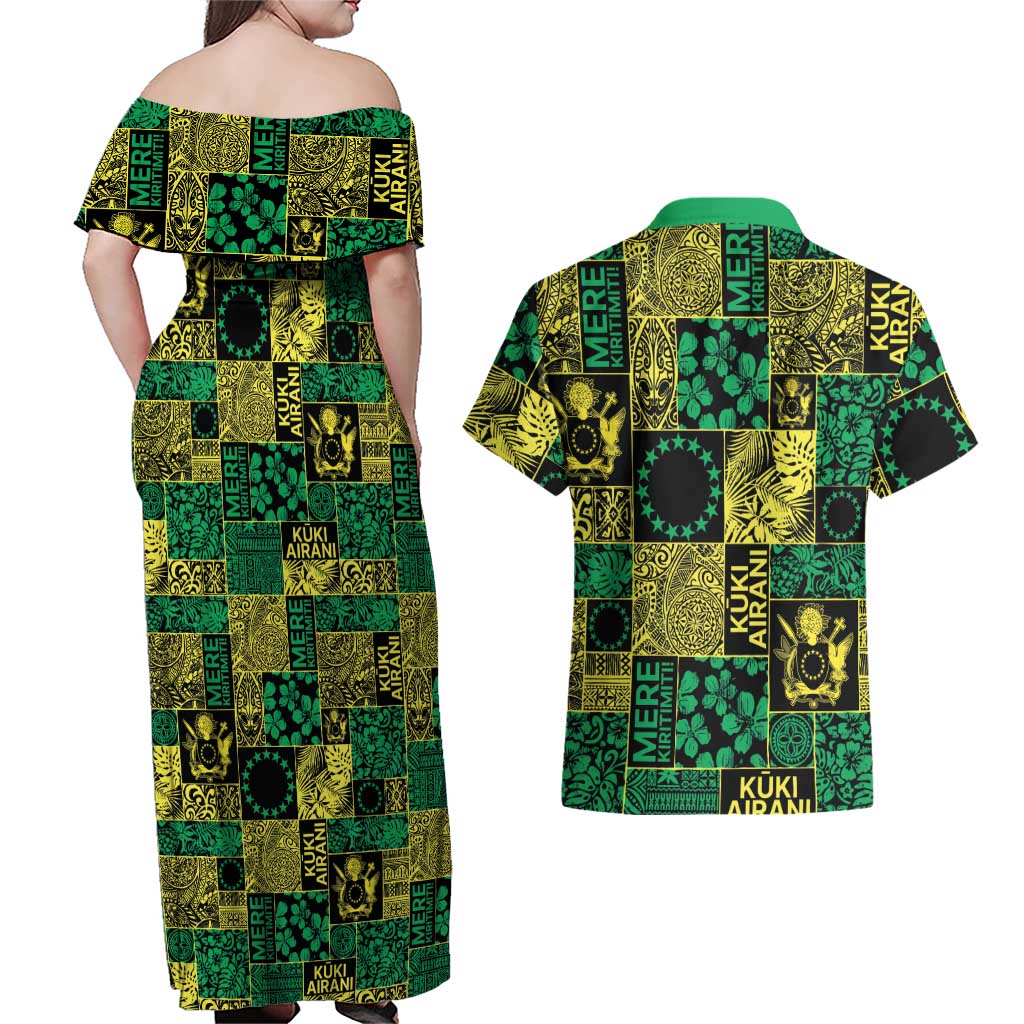 Cook Islands Mere Kiritimiti Couples Matching Off Shoulder Maxi Dress and Hawaiian Shirt Pacific Patchwork Xmas Vibes - Polynesian Pride