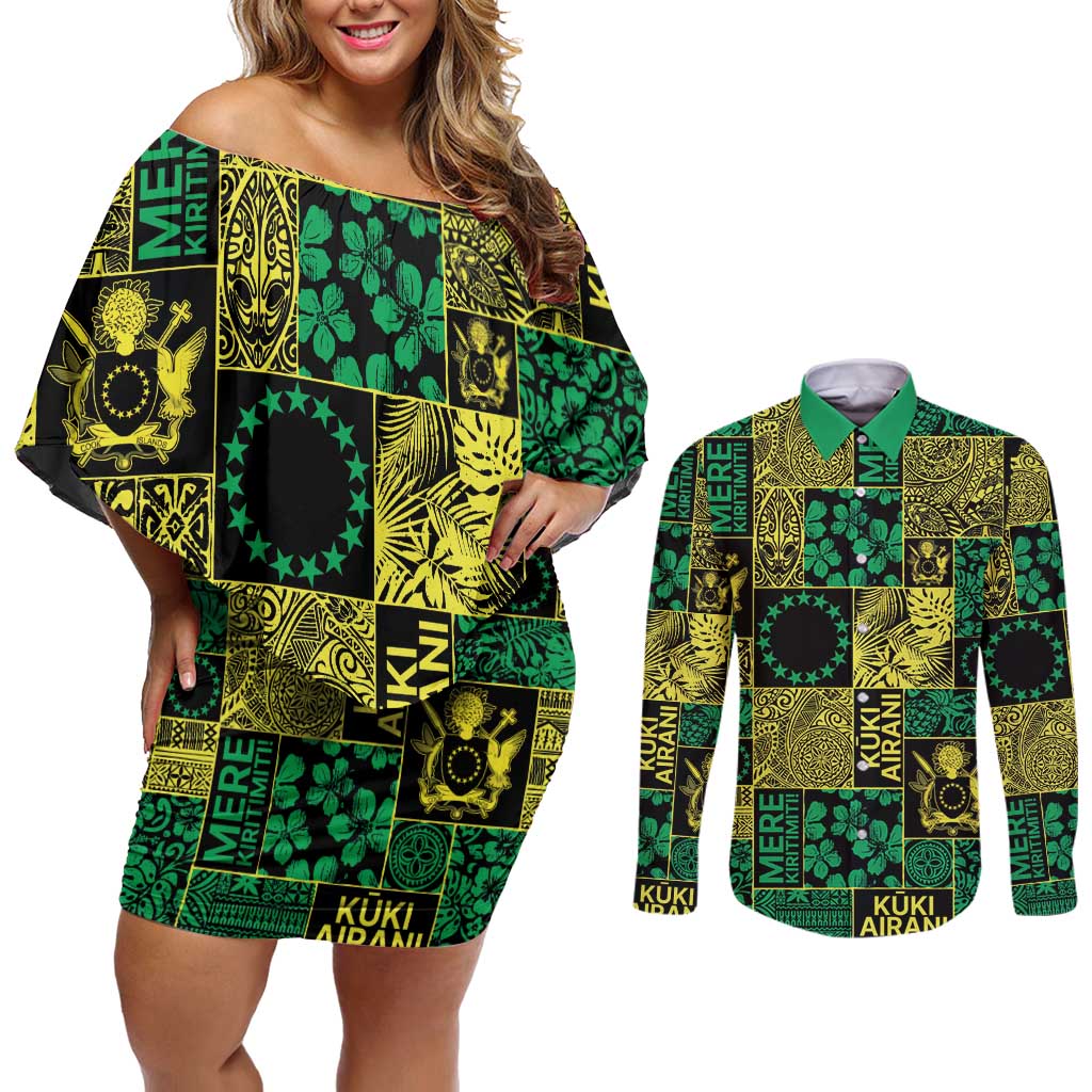 Cook Islands Mere Kiritimiti Couples Matching Off Shoulder Short Dress and Long Sleeve Button Shirt Pacific Patchwork Xmas Vibes LT9 Green - Polynesian Pride