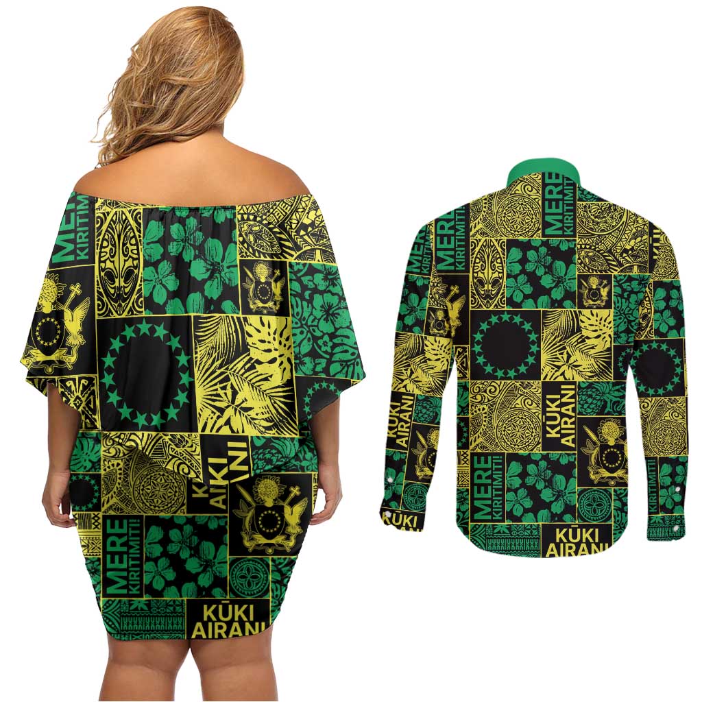 Cook Islands Mere Kiritimiti Couples Matching Off Shoulder Short Dress and Long Sleeve Button Shirt Pacific Patchwork Xmas Vibes LT9 - Polynesian Pride