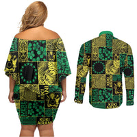 Cook Islands Mere Kiritimiti Couples Matching Off Shoulder Short Dress and Long Sleeve Button Shirt Pacific Patchwork Xmas Vibes LT9 - Polynesian Pride