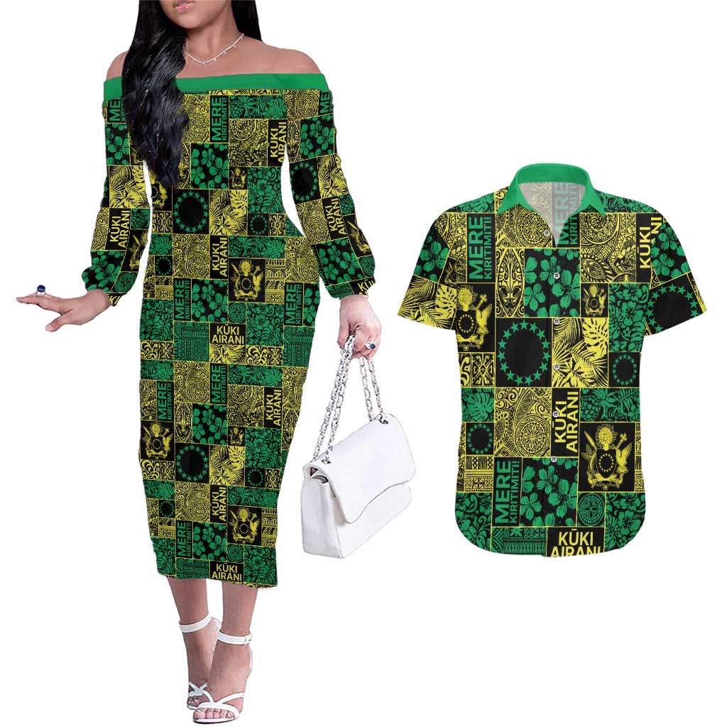 Cook Islands Mere Kiritimiti Couples Matching Off The Shoulder Long Sleeve Dress and Hawaiian Shirt Pacific Patchwork Xmas Vibes - Polynesian Pride