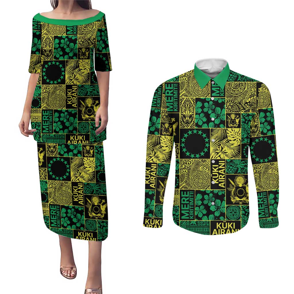 Cook Islands Mere Kiritimiti Couples Matching Puletasi and Long Sleeve Button Shirt Pacific Patchwork Xmas Vibes - Polynesian Pride