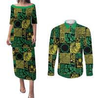 Cook Islands Mere Kiritimiti Couples Matching Puletasi and Long Sleeve Button Shirt Pacific Patchwork Xmas Vibes - Polynesian Pride