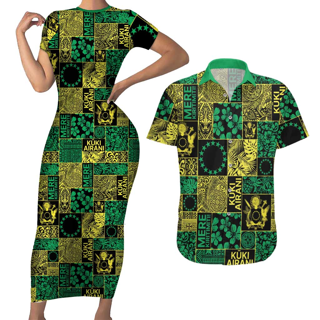 Cook Islands Mere Kiritimiti Couples Matching Short Sleeve Bodycon Dress and Hawaiian Shirt Pacific Patchwork Xmas Vibes - Polynesian Pride