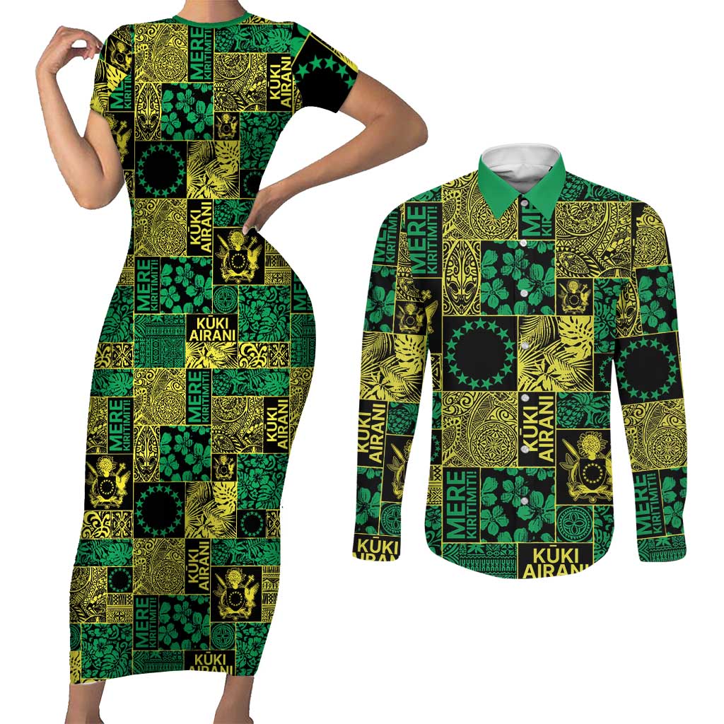 Cook Islands Mere Kiritimiti Couples Matching Short Sleeve Bodycon Dress and Long Sleeve Button Shirt Pacific Patchwork Xmas Vibes - Polynesian Pride