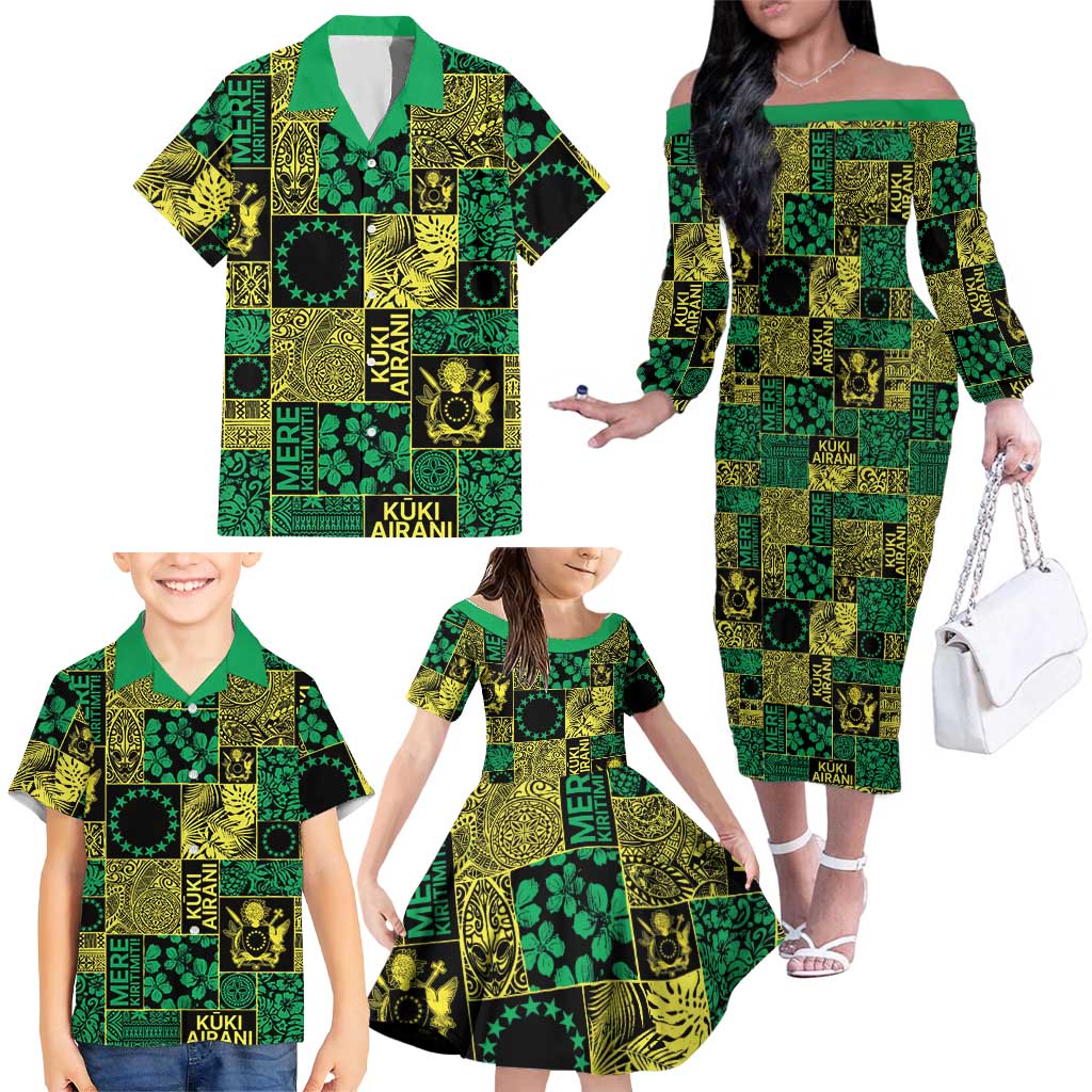 Cook Islands Mere Kiritimiti Family Matching Off The Shoulder Long Sleeve Dress and Hawaiian Shirt Pacific Patchwork Xmas Vibes - Polynesian Pride