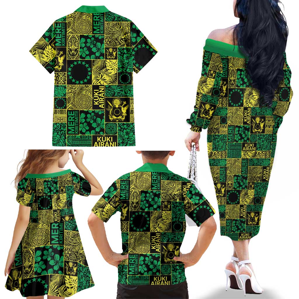 Cook Islands Mere Kiritimiti Family Matching Off The Shoulder Long Sleeve Dress and Hawaiian Shirt Pacific Patchwork Xmas Vibes - Polynesian Pride
