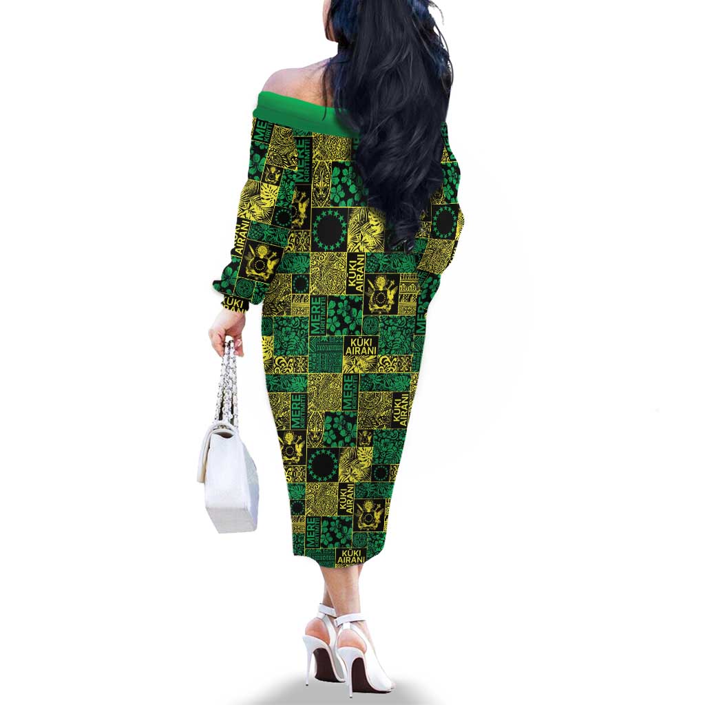 Cook Islands Mere Kiritimiti Family Matching Off The Shoulder Long Sleeve Dress and Hawaiian Shirt Pacific Patchwork Xmas Vibes - Polynesian Pride