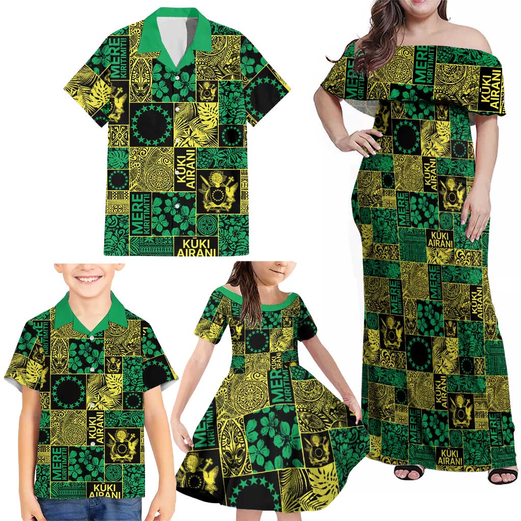 Cook Islands Mere Kiritimiti Family Matching Off Shoulder Maxi Dress and Hawaiian Shirt Pacific Patchwork Xmas Vibes - Polynesian Pride